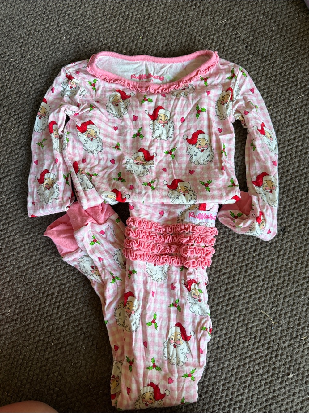 Ruffle Butts Pink Santa Gingham Ruffle-Trim Pajama Set